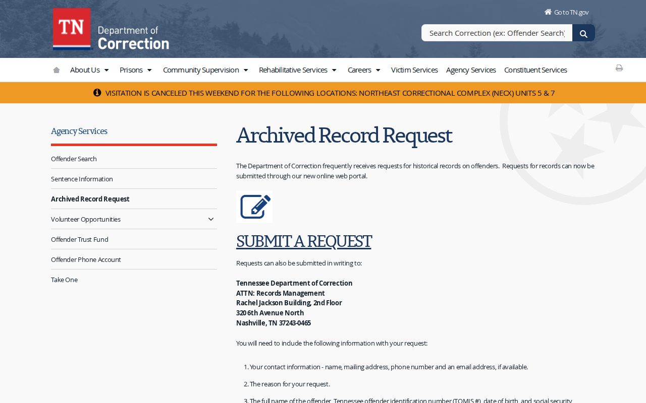 TDOC archived release record request after Warren County Jail transfer