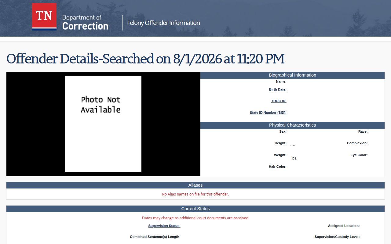 TDOC FOIL photo and release record for a Warren County offender