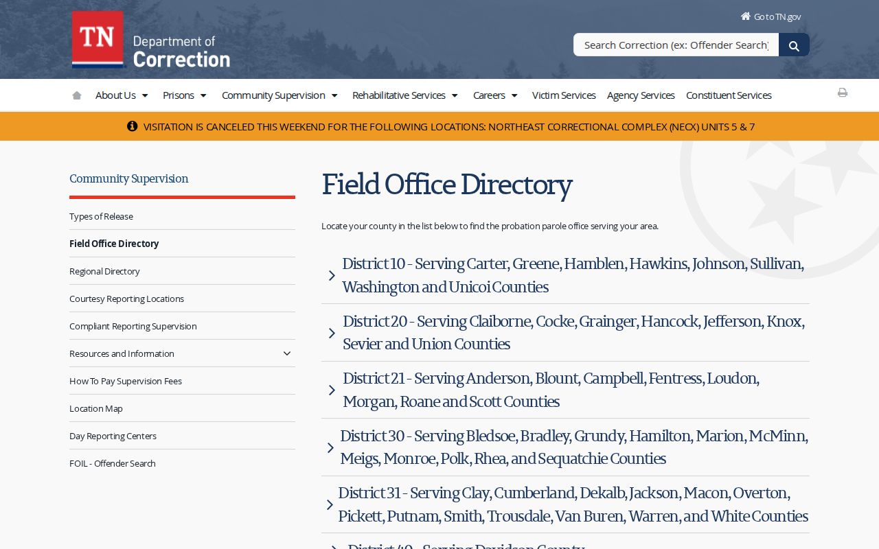 Warren County parole and probation District 31 office directory